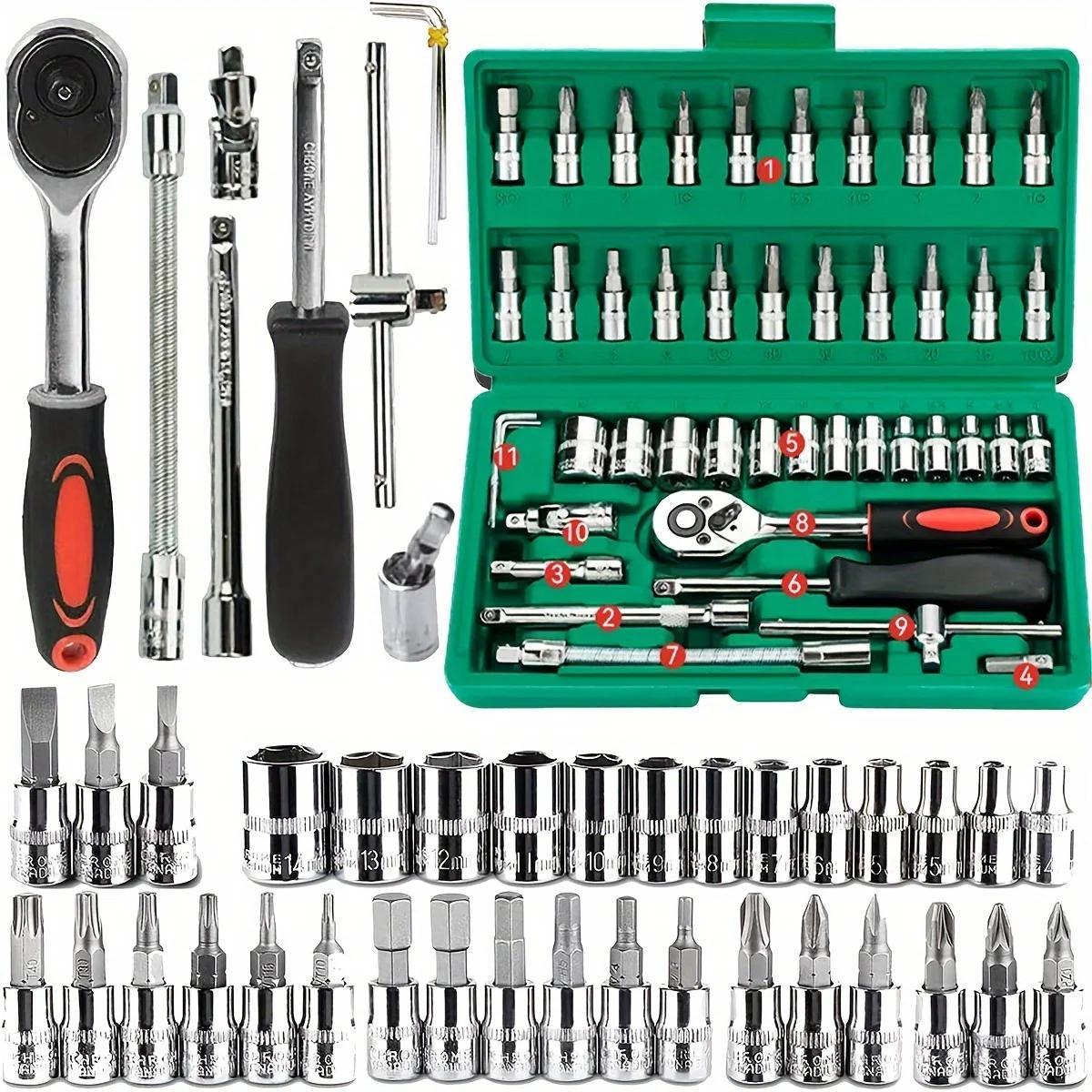 46 pcs family tools 1/4 set kit of mechanical tools for car repair Hous with sockets set of hexagonal compasses metric thumb hatch key