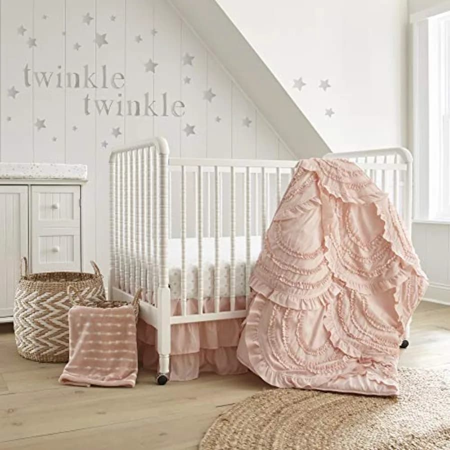 Set for Baby Cot Skylar - Set for Baby Bedroom - Pink Pallido - Soft Waterfall Volant - Set 4 Pieces Includes Quilt, Bed linen with Corners, Wall decal