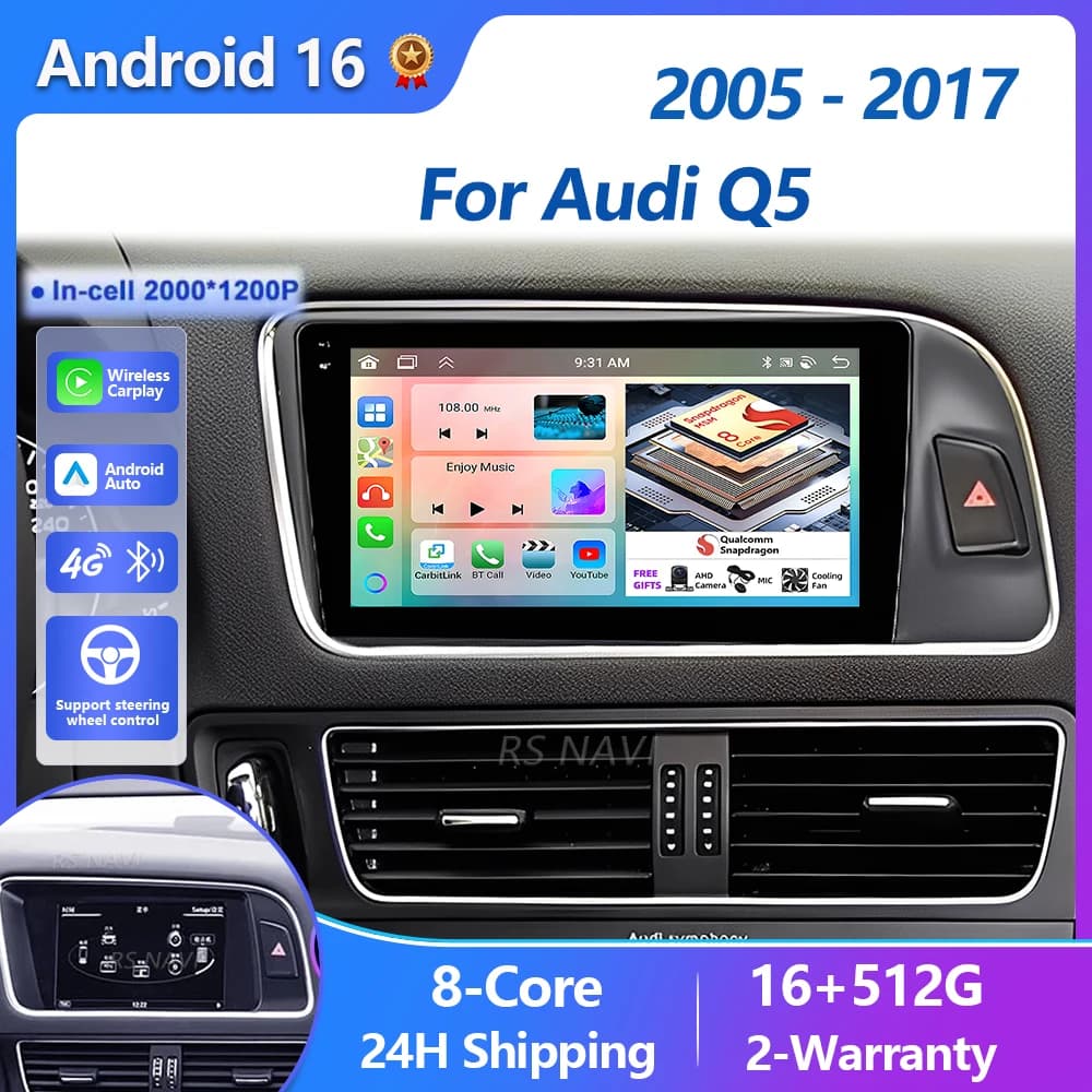 Plug and Play Android 15 Carplay Auto 2K Schermo Autoradio Lettore Multimediale Per Audi Q5 2005-2017 DSP Qualcomm Stereo di Navigazione