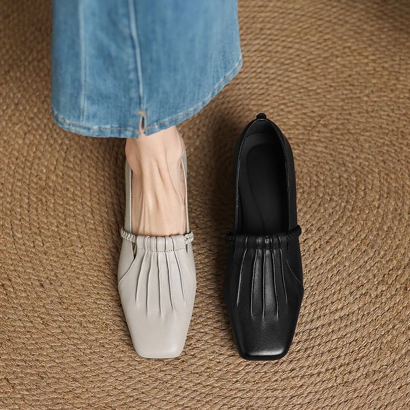 2026 new spring summer women pumps natural leather 22-25.5cm soft sheepskin square toe pleated loafers women shoes fashion