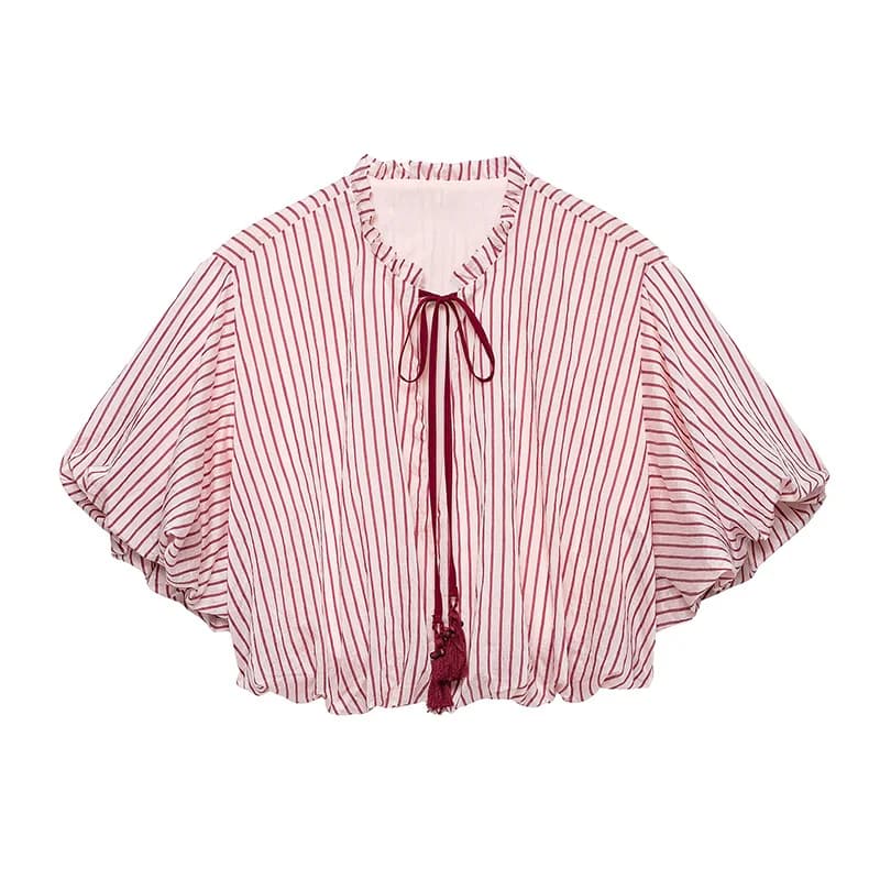 Women's Top 2026 New Summer Short-sleeve Striped Top with Bow Tassels Vacation Style Chic Personality balloon style Ladies Top
