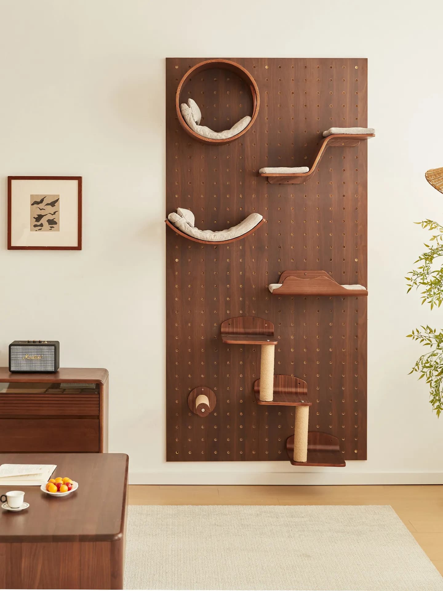 Black walnut hole board cat climbing frame wall type cat litter integrated solid wood household small apartment does not occupy