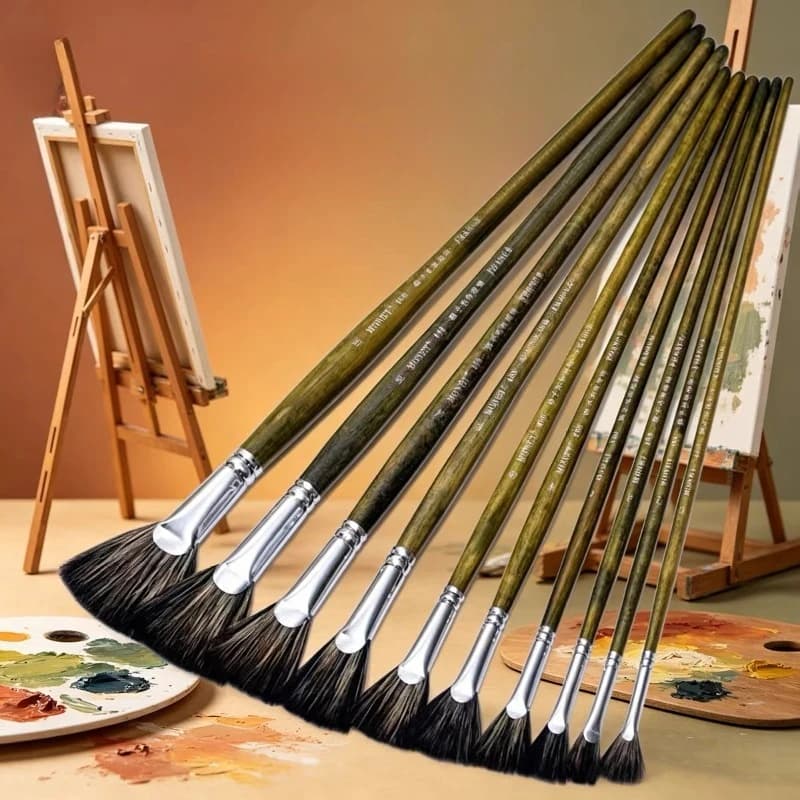 10Pcs Long Handle Fan Paint Brushes Set Soft Hair Artist Brush Beginner Watercolor Gouache Oil Acrylic Painting Art Supplies