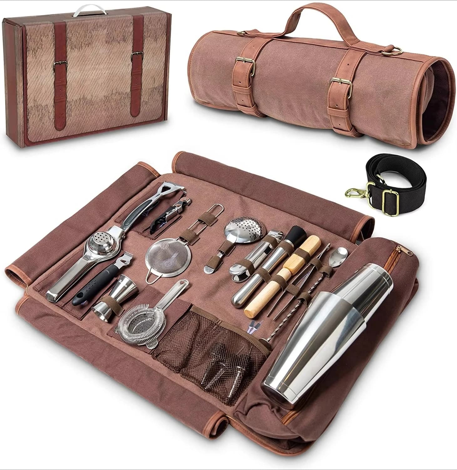 Kit da Barman con Borsa a Tracolla, Set Professionale di 17 Pezzi per Cocktail con Shaker e Accessori