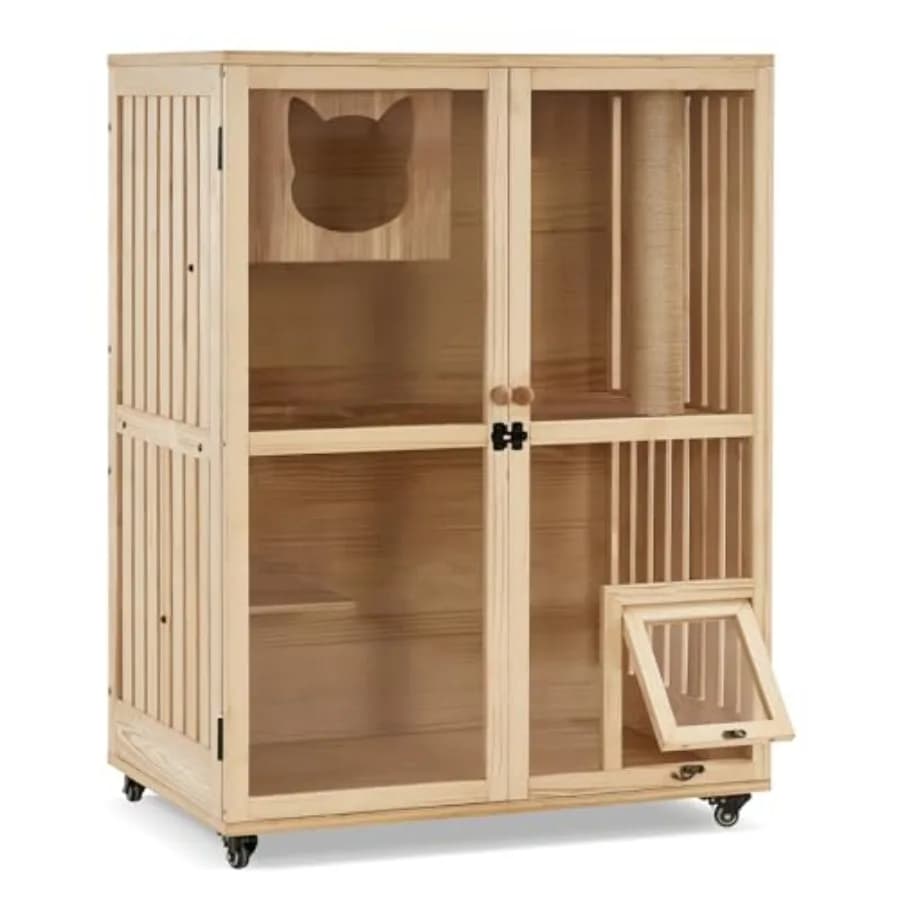 Cuccia di Lusso in Legno per Gatti con Tiragraffi, Gabbie in Legno per Gattini con Ruote, Condo Chiuso Multifunzione per Gatti con Porta di Fuga CT