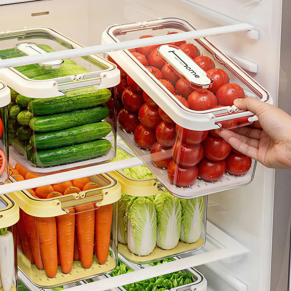Refrigerator Food Storage Containers with Drain Basket Airtight Large Capacity Stackable Fruit Keeper Kitchen Fridge Organizer