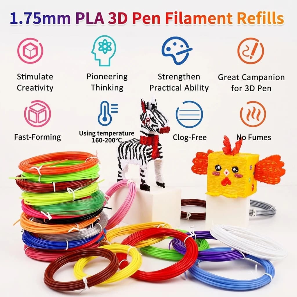 Filamento PLA in 40 Colori per Penna 3D, Lunghezza 36M 50M 100M 150M 200M, Ricariche in Plastica Sicura Senza Fumo per Penne 3D per Bambini