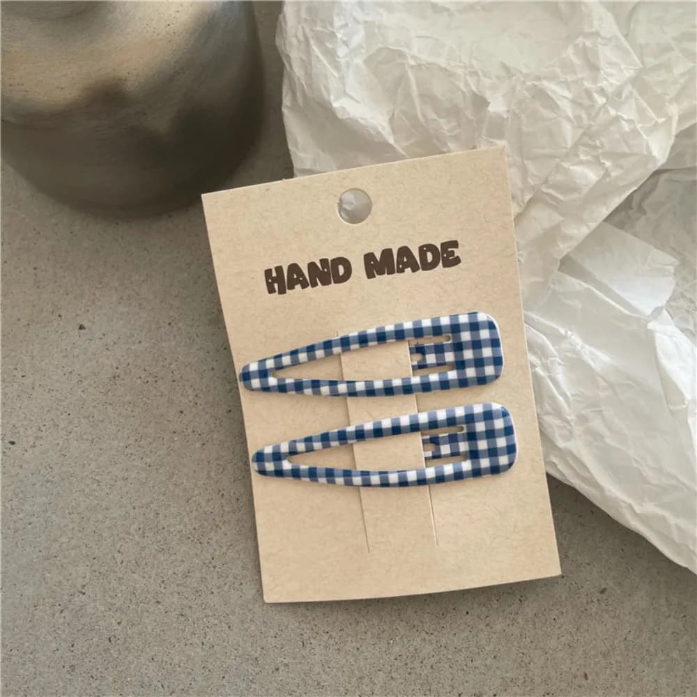 2 Pcs Sweet Style Colorful BB Hairpin Classic Teardrop Shape Barrettes Plaid Pattern Hair Clips Girls Hair Accessories