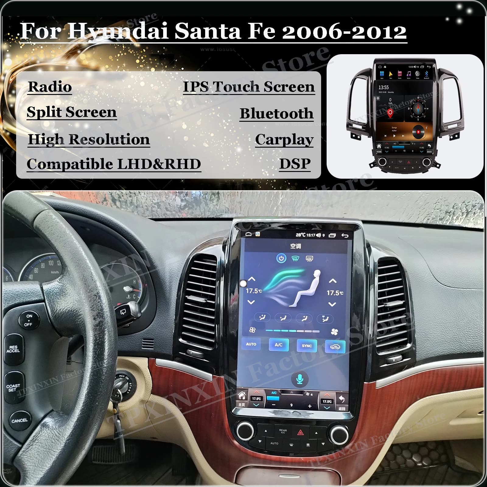 Radio Coche Con Android Auto Per Hyundai Santa Fe 2006 2007 2008 2009 2010 2011 2012 Auto GPS di Navigazione Multimediale Automotive