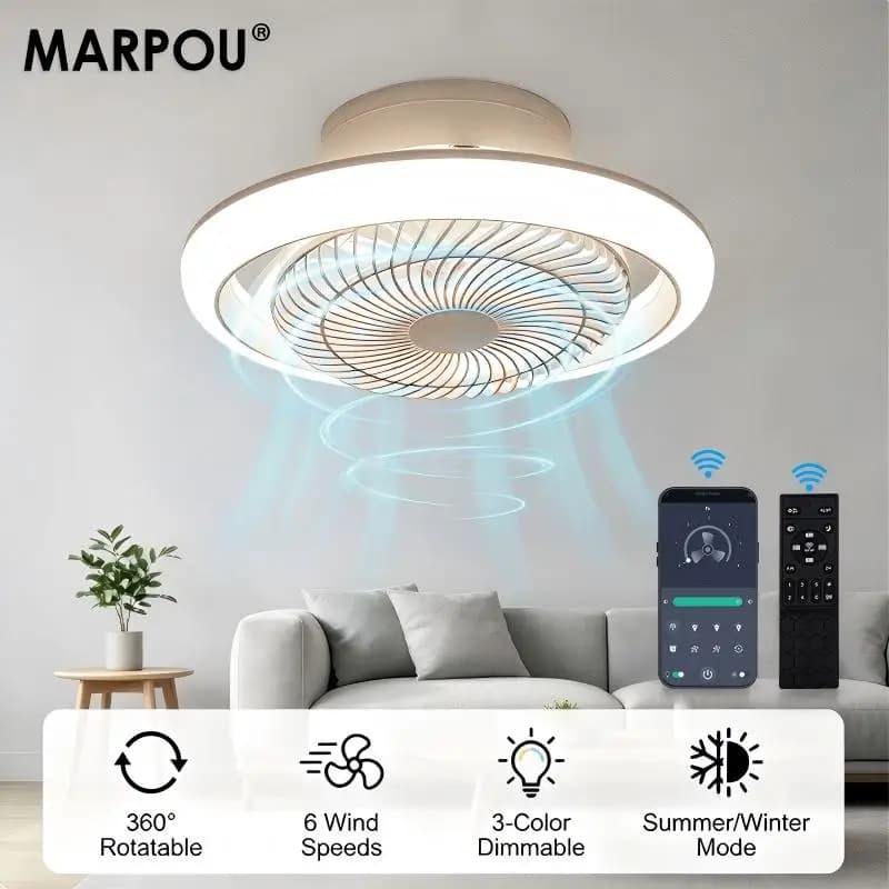 MARPOU 360 ° Ventilatore da Soffitto Rotante con Luci, Controllo Remoto APP, Dimmerabile, Lampada Ventilatore Moderna, 6 Velocità del Vento, Flusso d'Aria Reversibile per Interni
