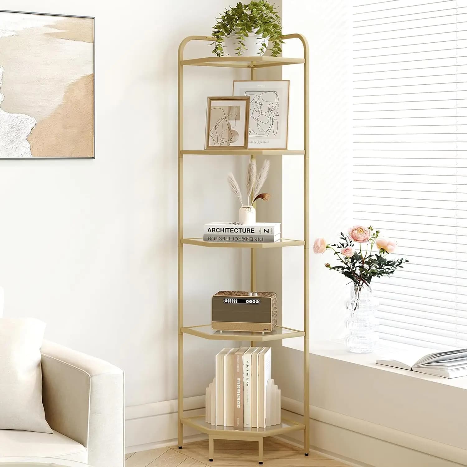 Corner shelf with 5 shelves with Tempered Glass, Steel Structure for Living Room, Bathroom, Kitchen Organizer