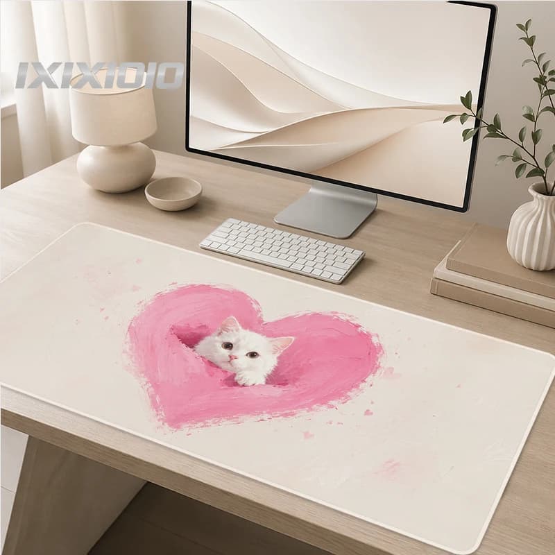 Mouse Pad Pink Heart White Cat Gaming printon demand Home New Large Mousepad XXL MousePads Soft Non-Slip Gaming laptop Mice Pad
