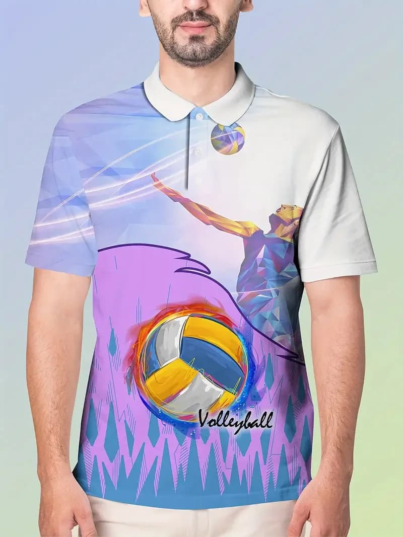 Volleyball Club Men's Polo Shirt with Volleyball Pattern, Sports Style, Suitable for Match Training Wearing.