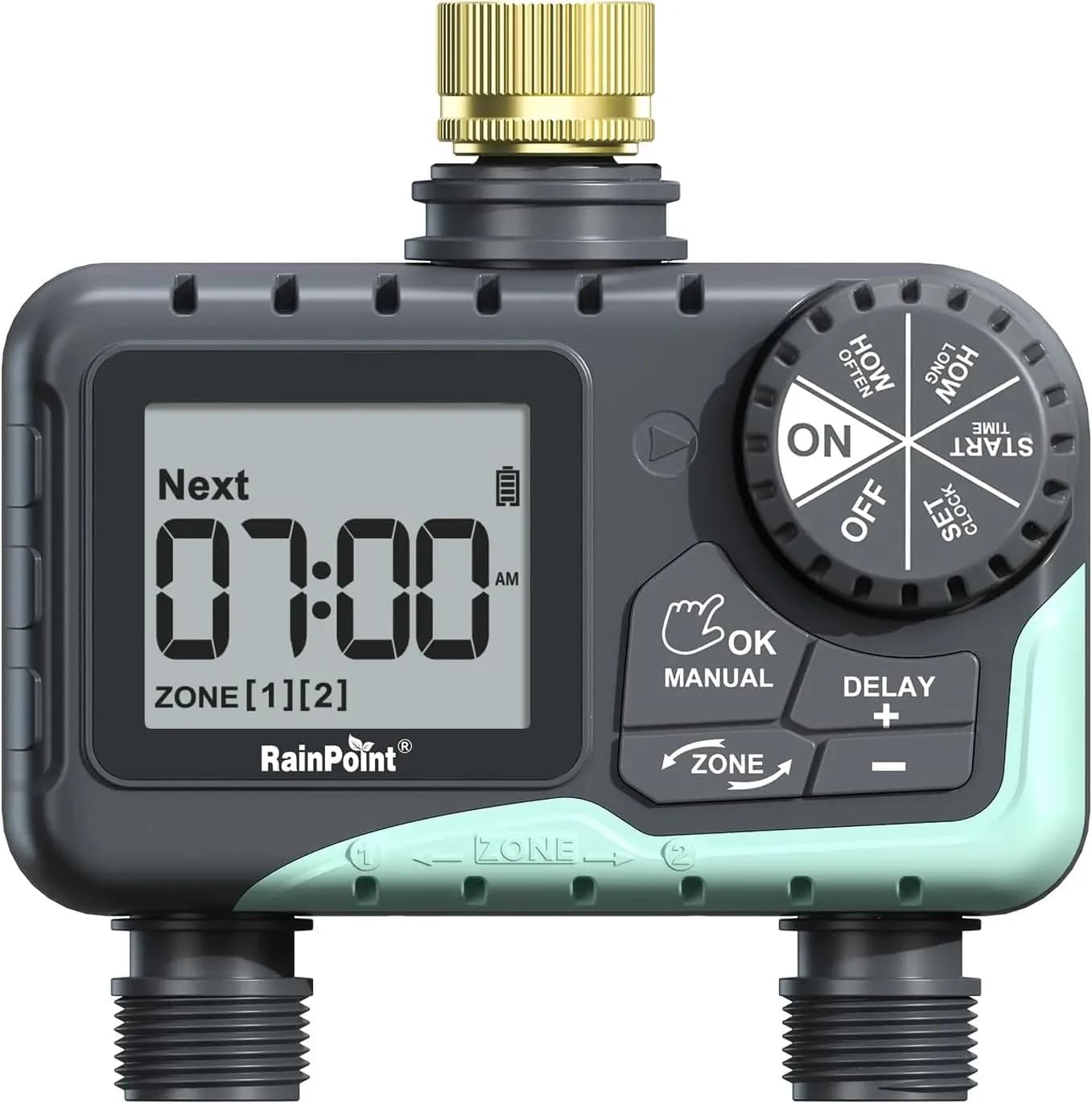 Timer for Garden Pipe with Swivel in Brass - Programmable Irrigator for Automatic Irrigation, Ritardo Pioggia e Annaffiatura Manual, 2 Exit