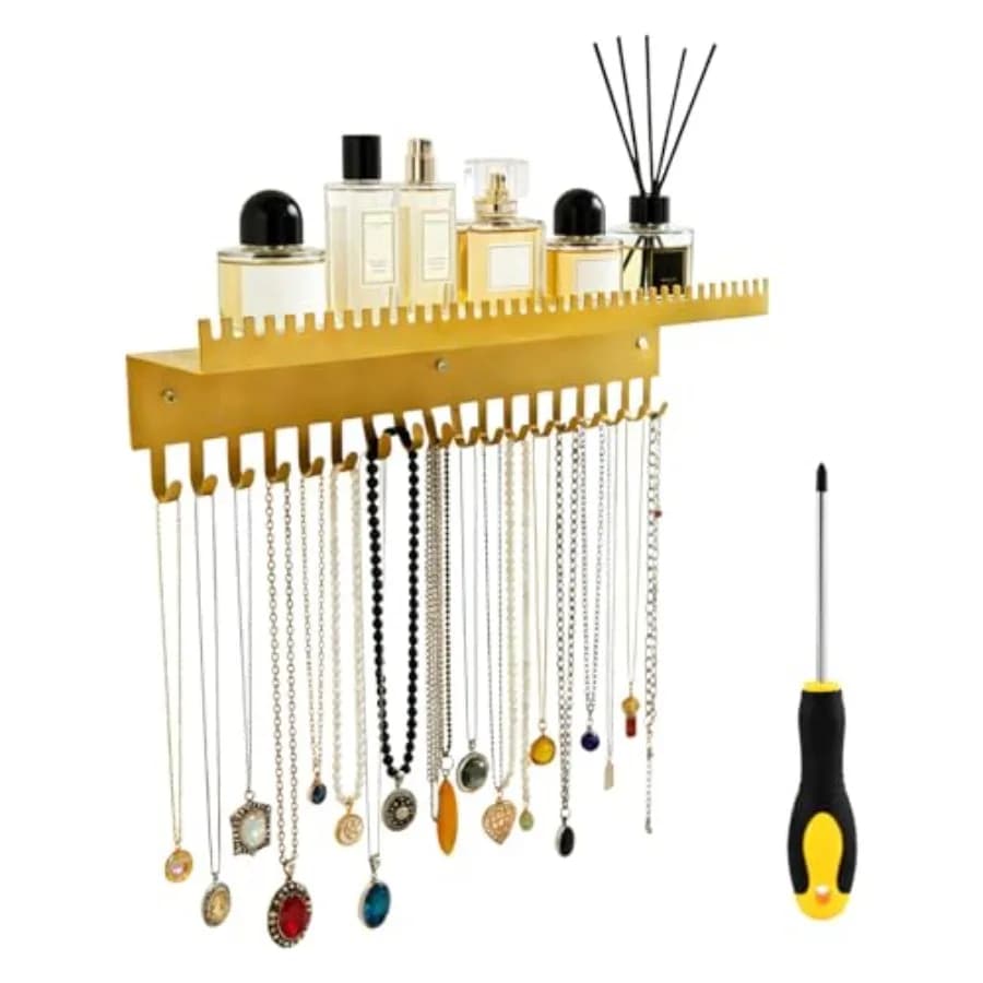 Necklace Holder Hanging Jewelry Organizer, Necklace Display Hanger Wall Shelf with Jewelry Hooks, Wall Mounted Jewelrys Organiz