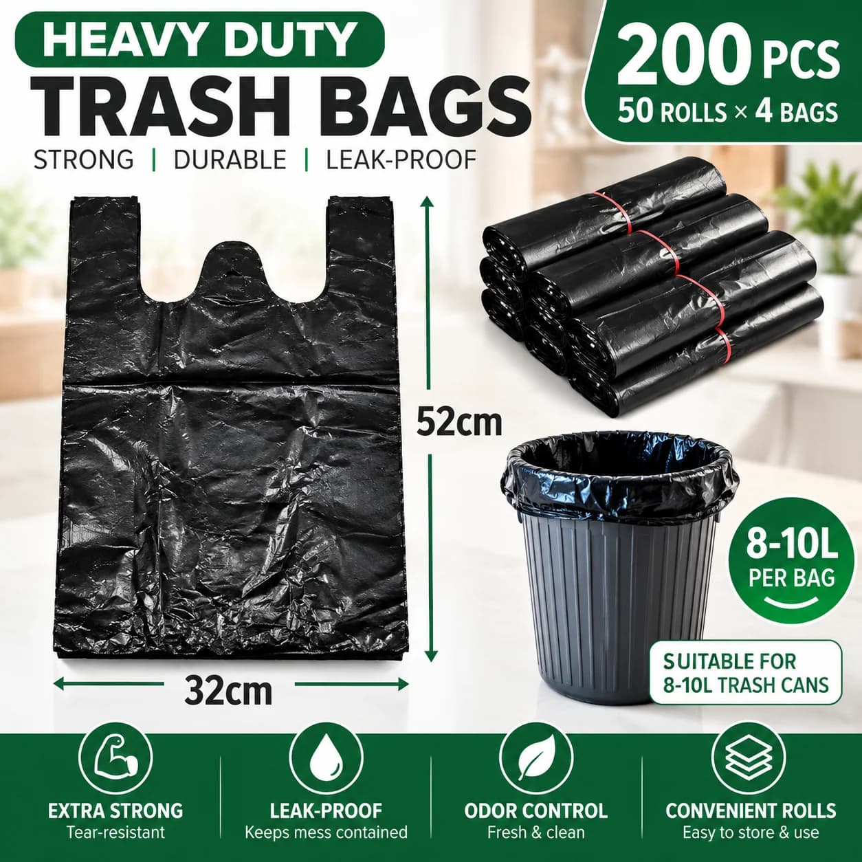 Heavy Duty Black Garbage Bags With Handles Extra Large Thick Trash Bags Moving Household Kitchen Outdoor Rubbish Bin Liners