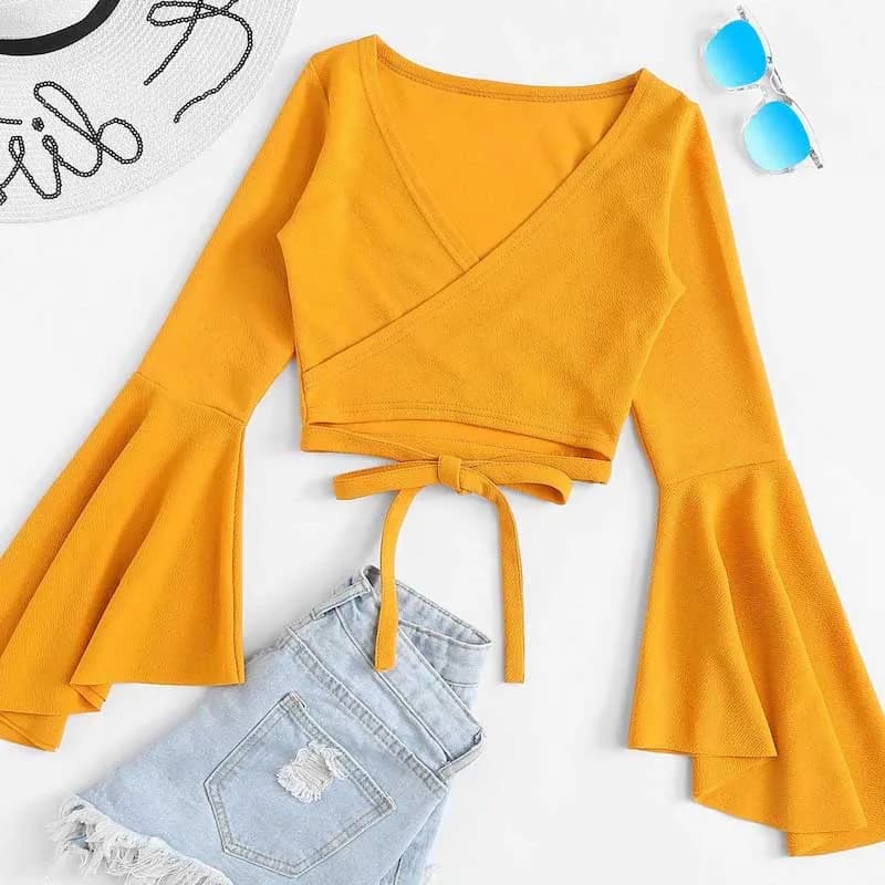 Fall 2020 Hot Sale Long Sleeve T-Shirt V-Neck Belly Button Bore Bell Sleeve eBay New Style Women's Shirt with Belt ...