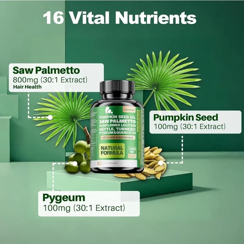 Saw Palm Capsules contain 1450mg of pumpkin seed oil, hibiscus flower, sunflower lecithin, aloe vera, turmeric, and quercetin