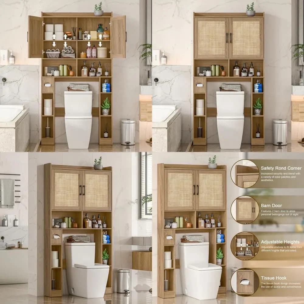 Space-Saving Toilet Storage Cabinet with Shelves, Paper Holder, and Towel Rack for Bathroom, Restroom, or Laundry in Rattan Oak