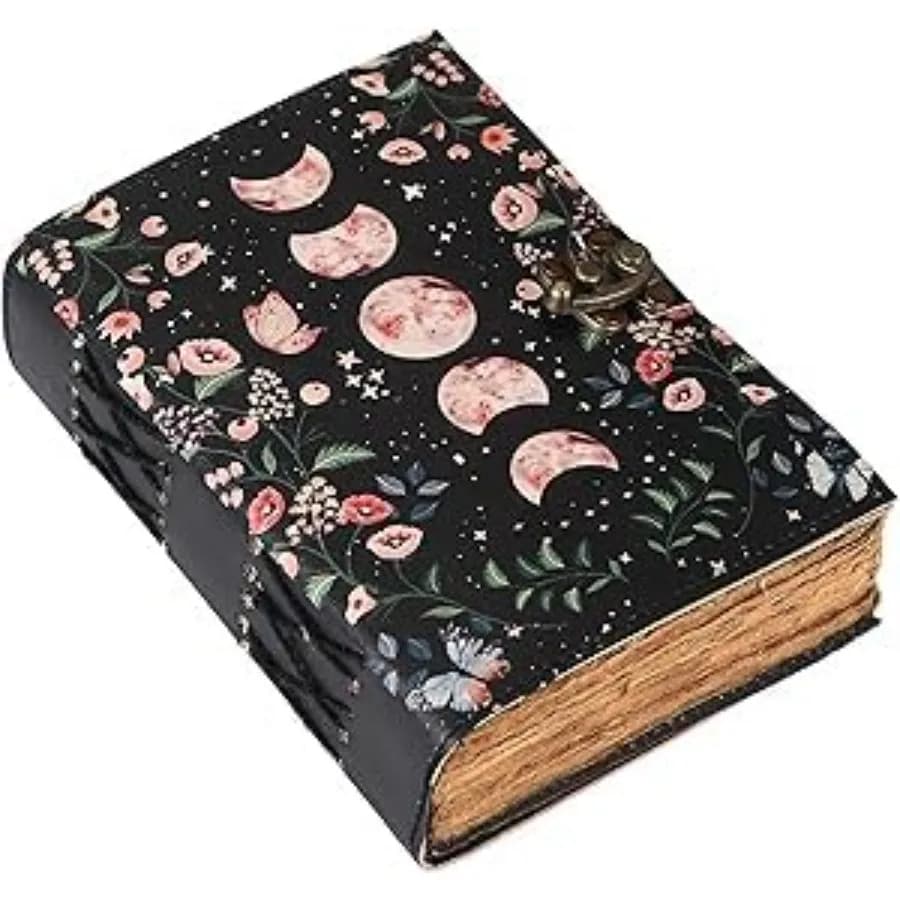 Blank Spell Book of Shadows Journal with Lock Clasp Celestial Handmade Vintage Leather Journal Moon Phase Print Diary Prayer Pa