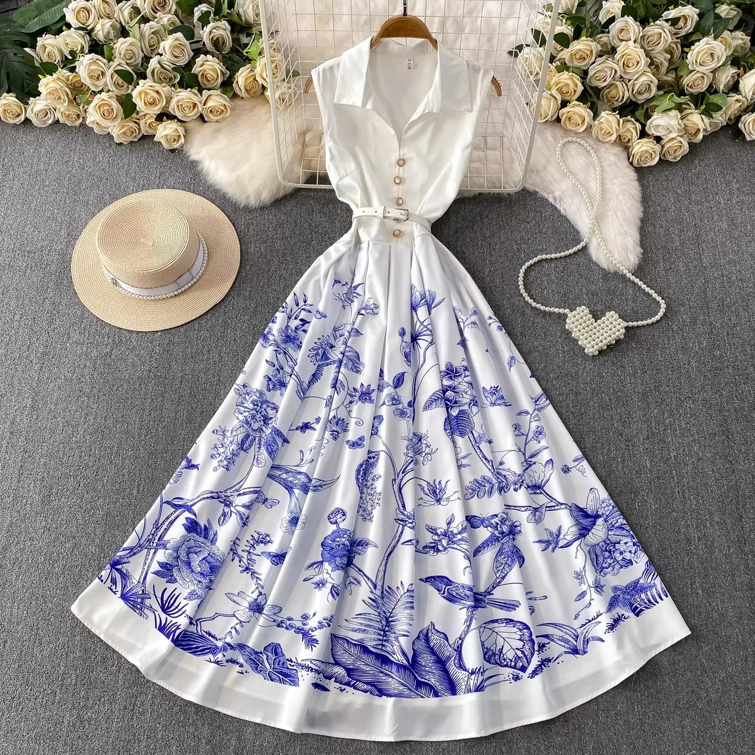 Abito Lungo Estivo 2026 da Donna in Chiffon con Stampa Floreale, Stile Boho, Collo Rovesciato, Senza Maniche, con Cintura e Bottoni