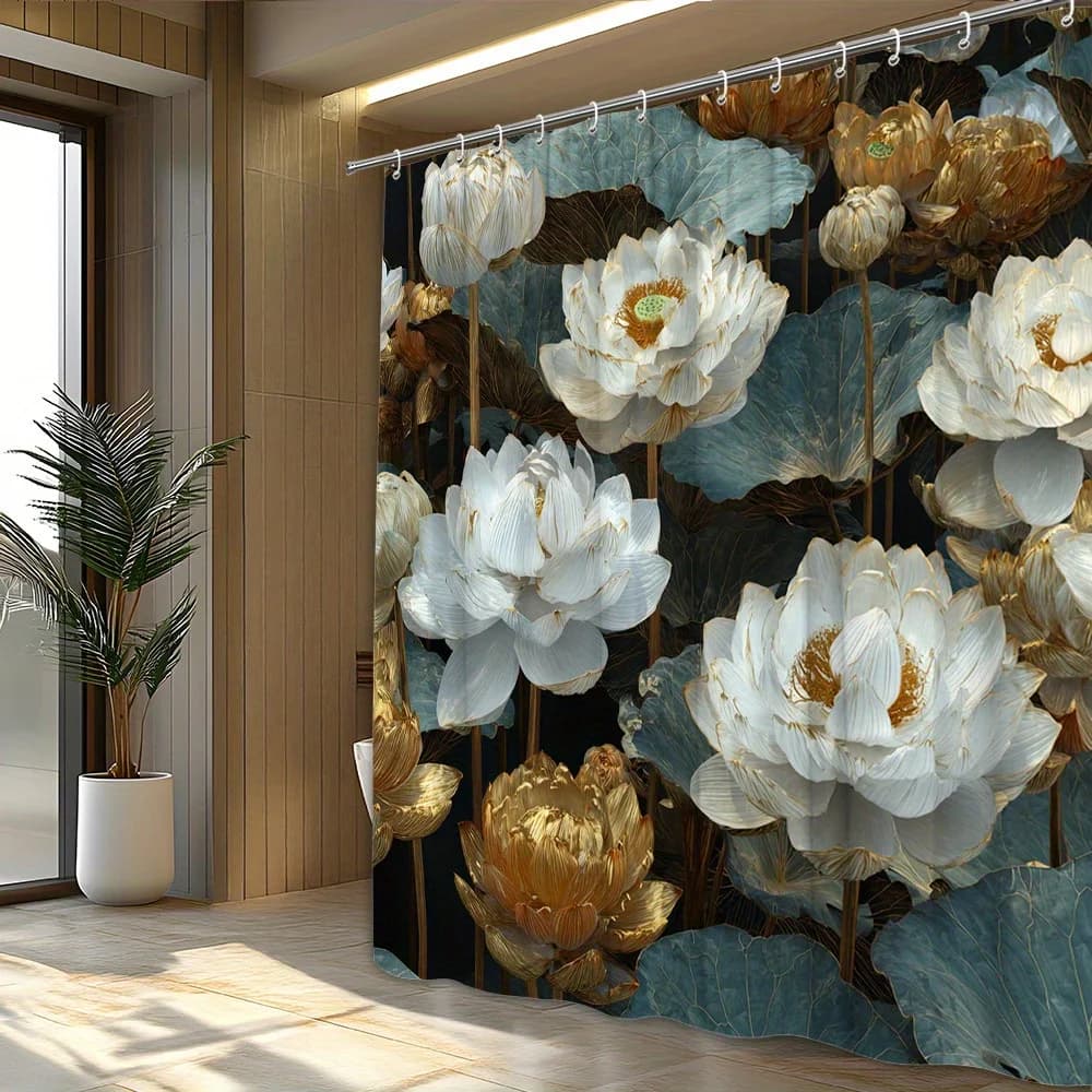 Tenda da doccia di lusso con loto bianco e oro da 1 pezzo: design delicato di petali e foglie verde scuro, tessuto in poliestere con ganci