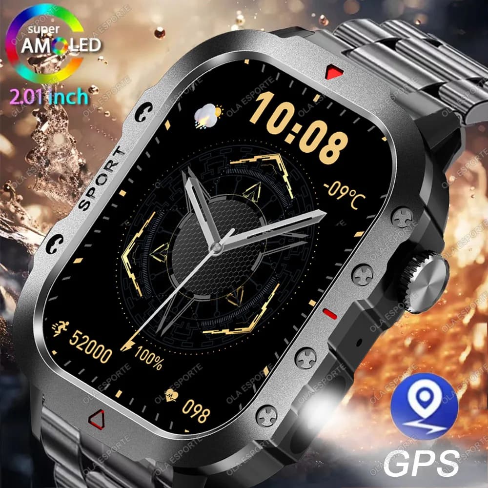 New Military GPS Smartwatch for Android and iOS, with Flashlight, Health Monitoring, Waterproof, for Open Sports, Bluetooth Calls