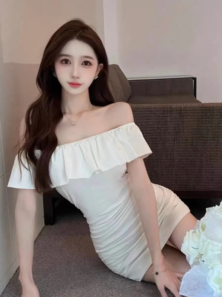 Elegant Summer One-Shoulder Short White Dress Women's Slimming Wrap around Skirt High Waist Design Ladylike Style Polyester F...