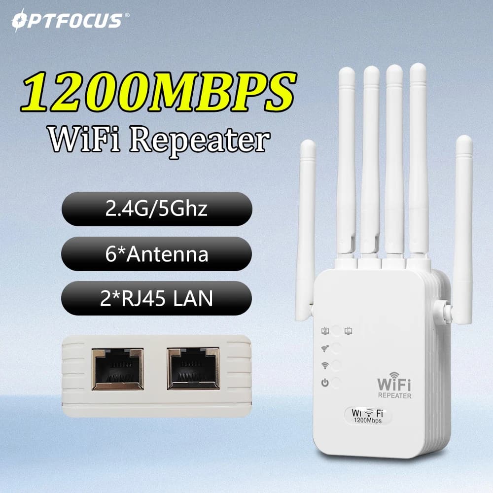 Ripetitore WiFi OPTFOCUS 1200Mbps con 2 Porte LAN RJ45, Amplificatore di Segnale Wireless, 6 Antenne, Router WiFi 2.4G/5G