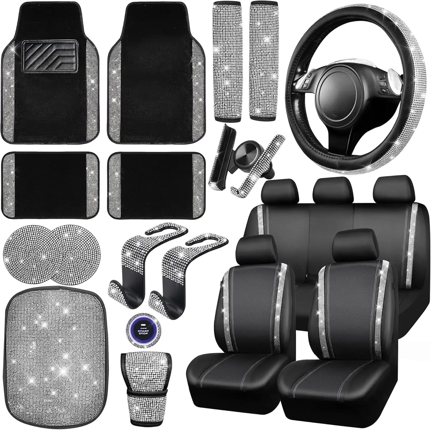 Set di 23 Accessori Auto Scintillanti con Diamanti per Donne, Coprisedili in Pelle, Volante e Tappetini con Strass in Argento