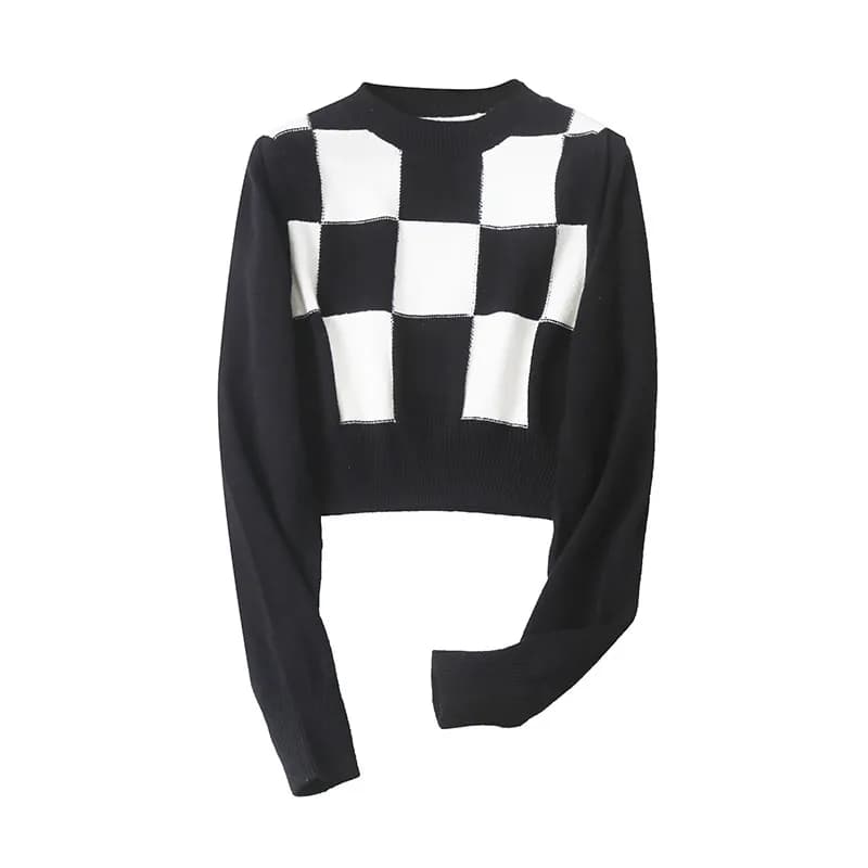 Trendy Women Autumn Plaid Knitted Crop Sweater Long Sleeve Pullover Knitwear Short Jumper