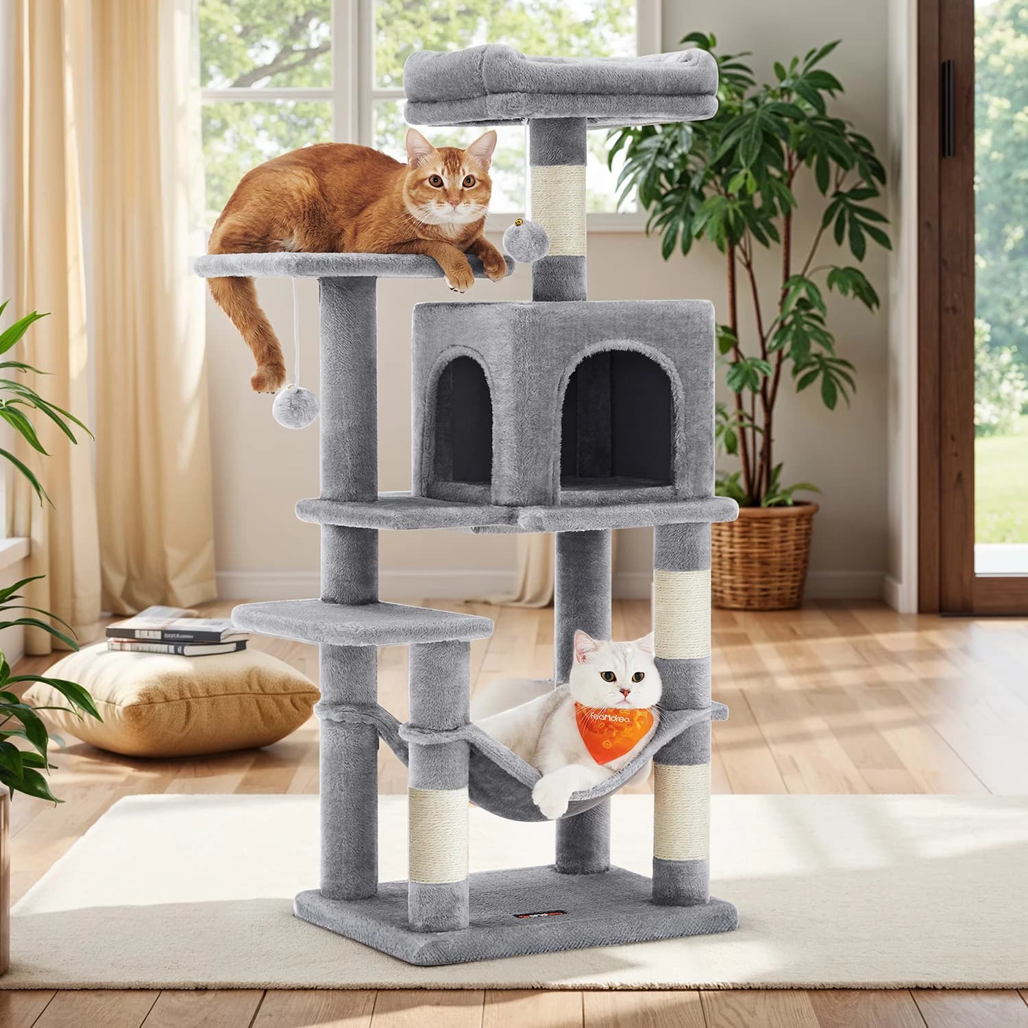 Cat Climbing Frame, 44.1-inch Indoor Cat Tower, Multi-level Cat House with Scratching Posts, Platforms, A Hammock and A Cave