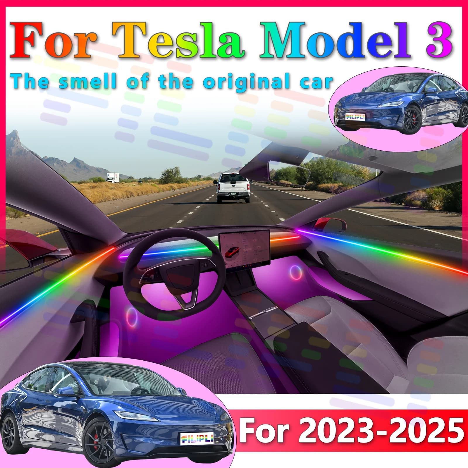 Per Tesla Modello 3 2023-2025 Lusso Stealth Acrilico Interni Auto Ambiente Striscia RGB a Controllo Vocale Smart APP Aurora Surge LED