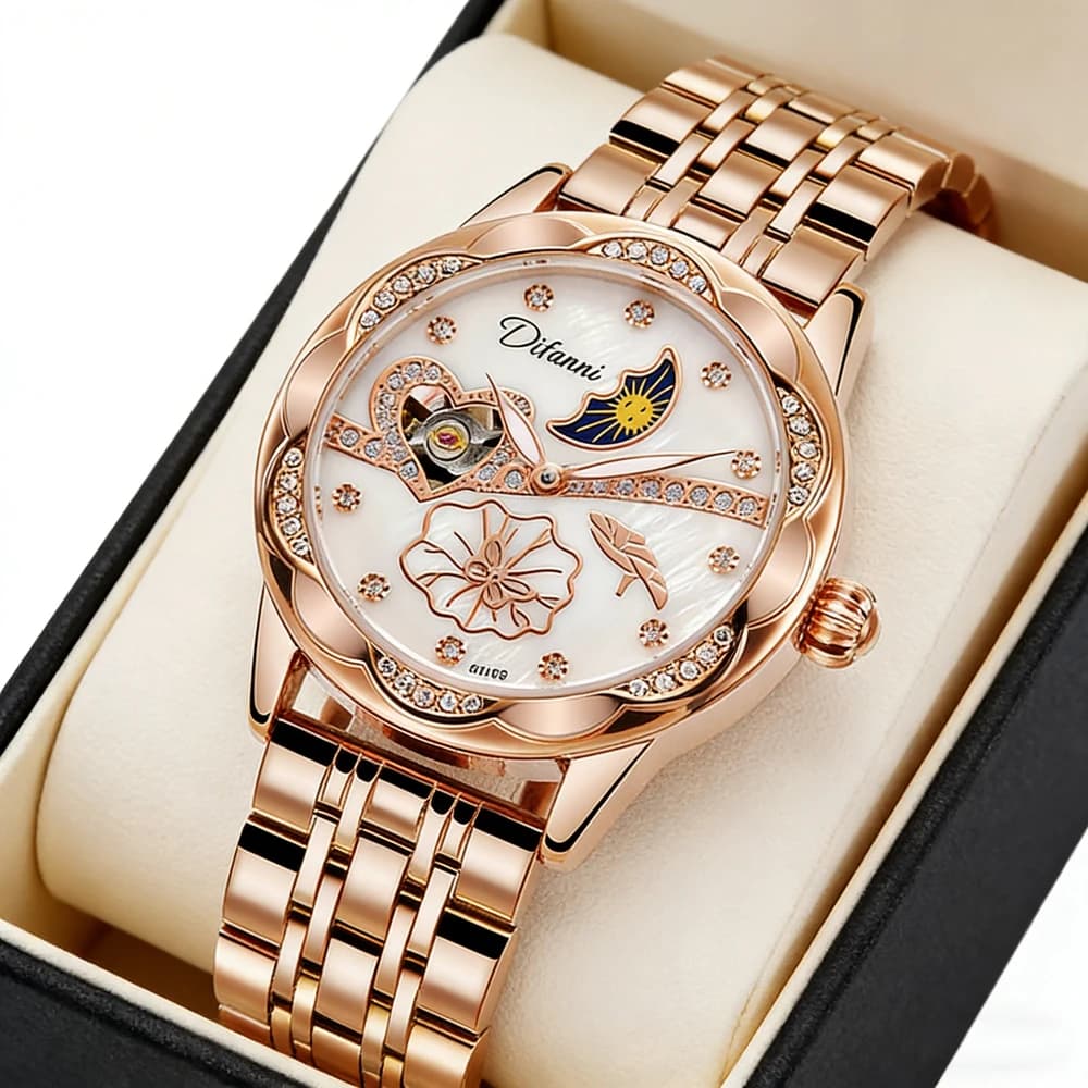 Orologi Meccanici di Moda per Donne con Farfalla Rotante, Fase Lunare, Luminosi, in Oro Rosa, Impermeabili, Automatici