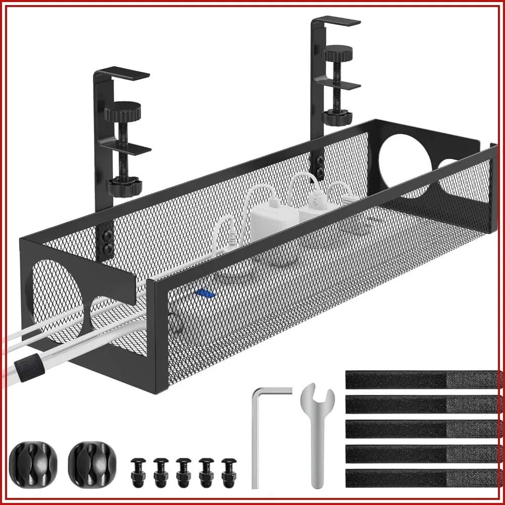 Under Desk Cable Management Tray 15.1'', No Drill, Metal Mesh Cable Box with Hybrid Side Slots, Adjustable Cable Tray for Office Home, 1 Pack (Black)