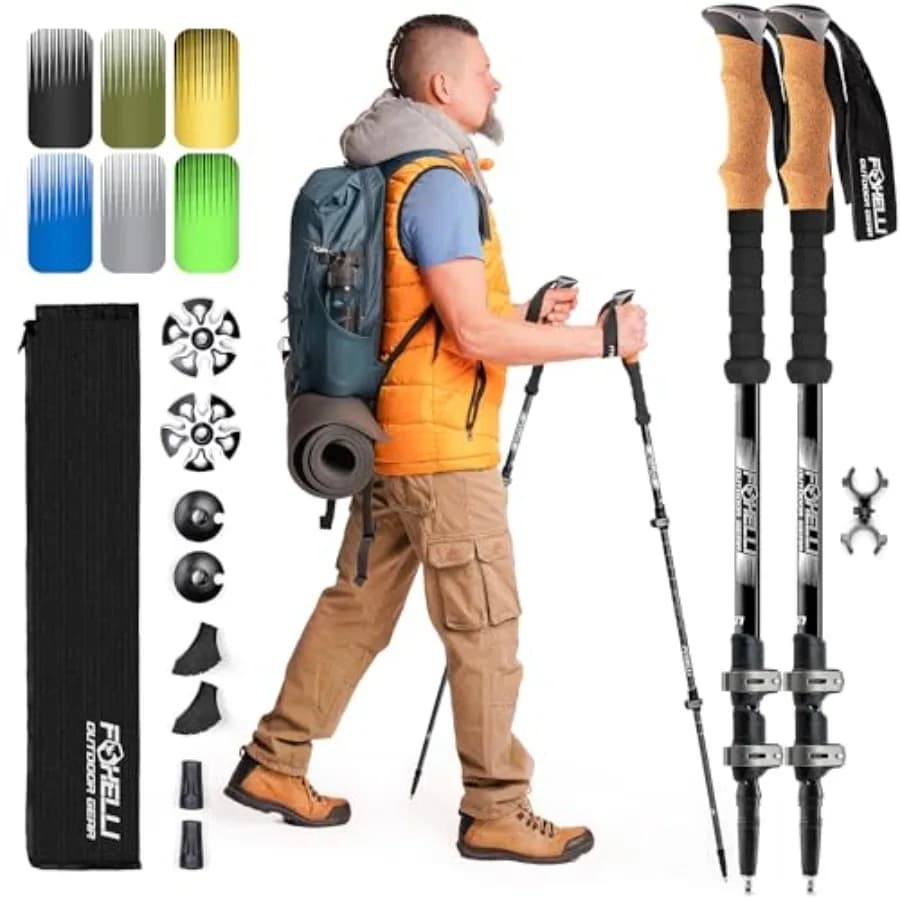 Bastoncini da Trekking Leggeri e Pieghevoli in Alluminio di Grado Aeronautico con Impugnature in Sughero, Chiusure Rapide e Accessori per Tutti i Terreni