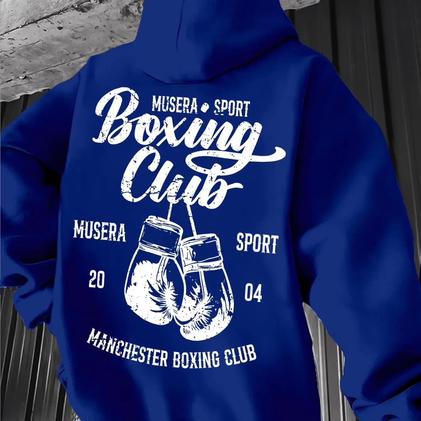 Men Vintage Boxing Club Hoodie Distressed Gloves Print Soft Fleece Long Sleeve Loose Gym Street Hooded Sweatshirt