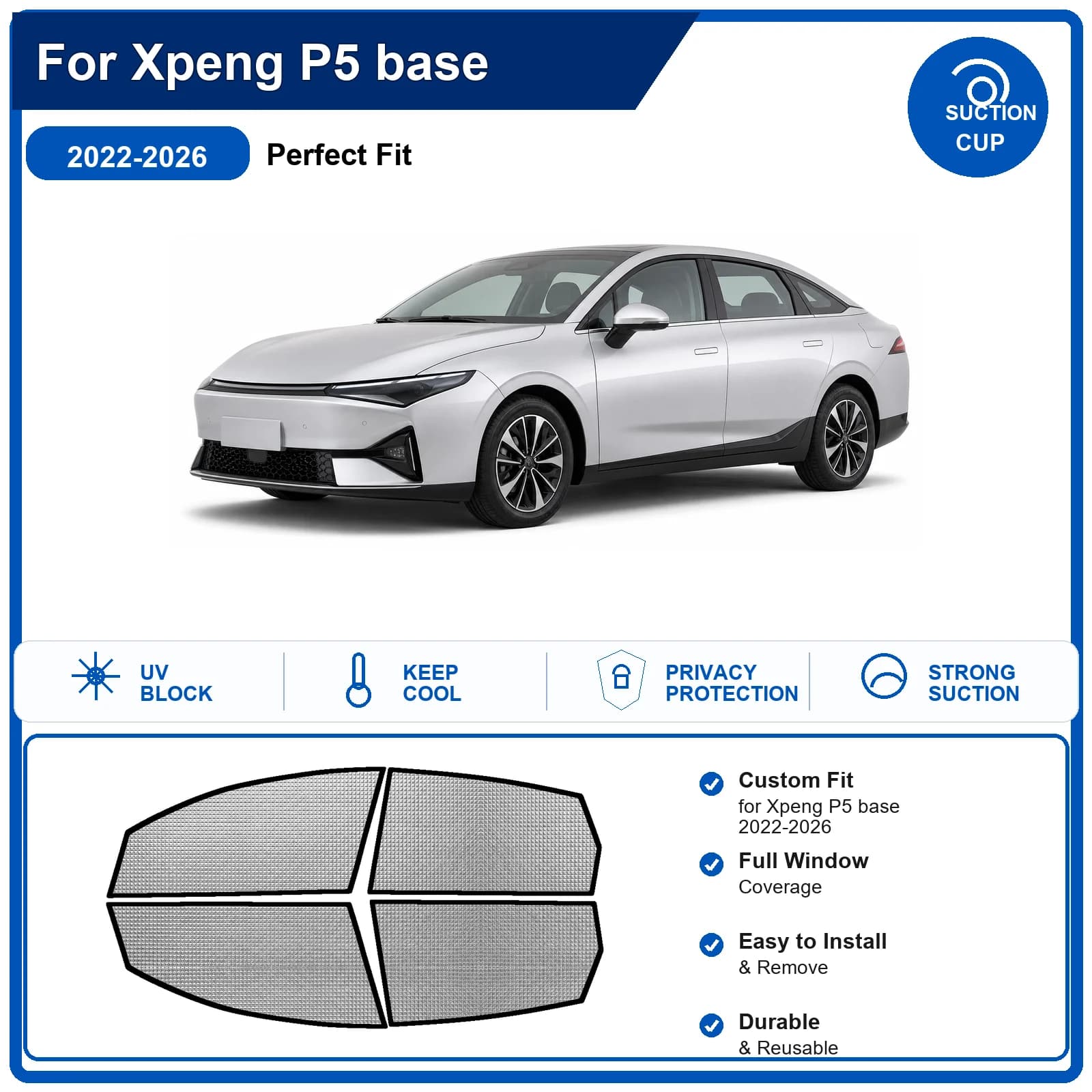 For Xpeng P5 base 2022-2026 Custom Full Set Windshield Sun Shade Aluminum Foil Heat Insulation Anti UV Foldable