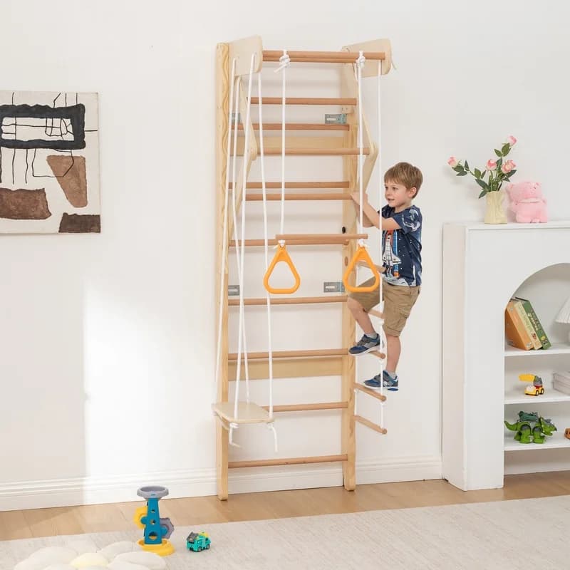 Swedish Ladder Wall Gym with Swing, Rope Ladder, Pull-Up Bar, Slide, Rings – Wooden Indoor Play Set for Kids and Adults