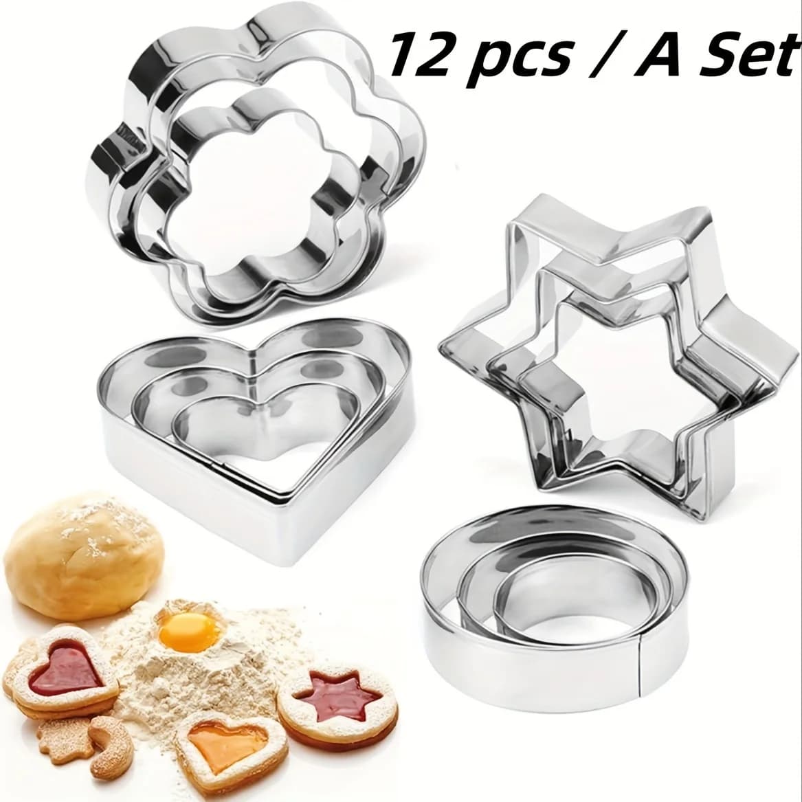Set di formine per biscotti in metallo da 12 pezzi, taglierina per biscotti a stella creativa, stampi per uova rotondi/cuori/a forma di fiore, strumenti di cottura per interni ed esterni