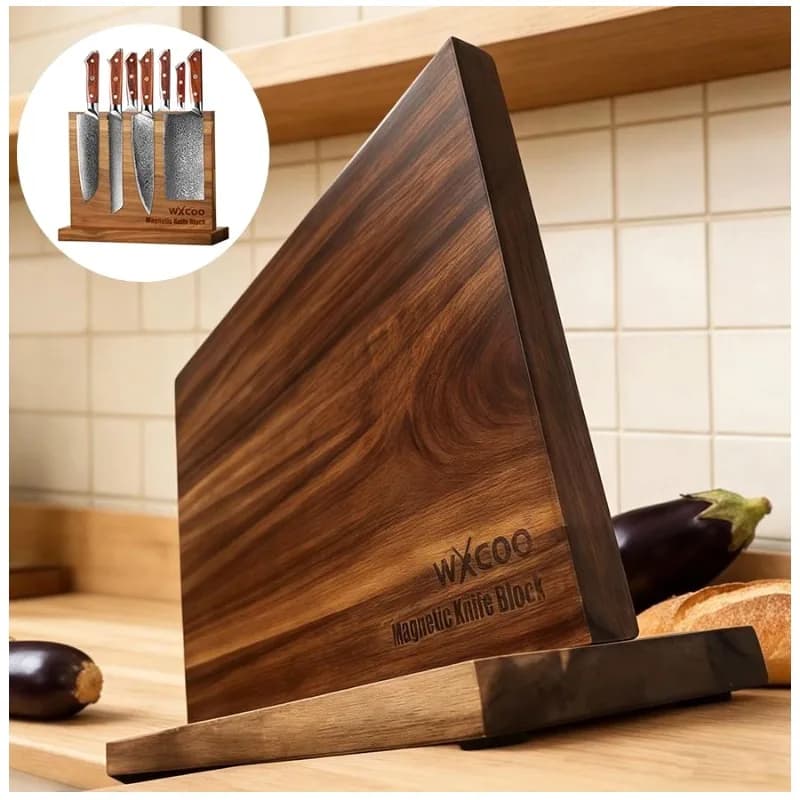 Multifunctional Double-Sided Wooden Magnetic Knife Holder – No-Drill Wall-Mount or Countertop Storage Rack with Strong Magnets,