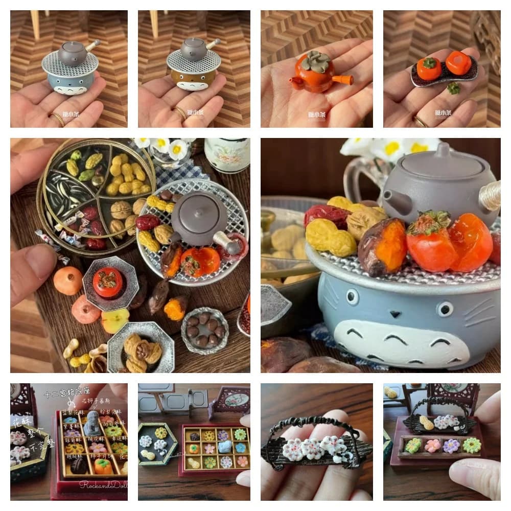 Casa delle bambole frutta secca in miniatura prodotto di capodanno semi di melone modello di uvetta intorno alla stufa tè Cartoon teiera Handmake manichino