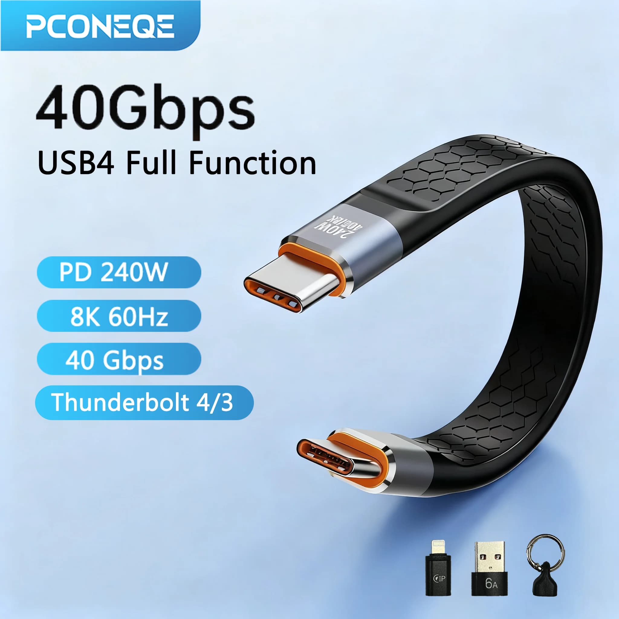 PCONEQE Cavo USB 4 Portachiavi portatile Cavo da C a C 240 W 40 Gbps per Thunderbolt 3/4 iPhone 17 con convertitore OTG USB-A per iPhone
