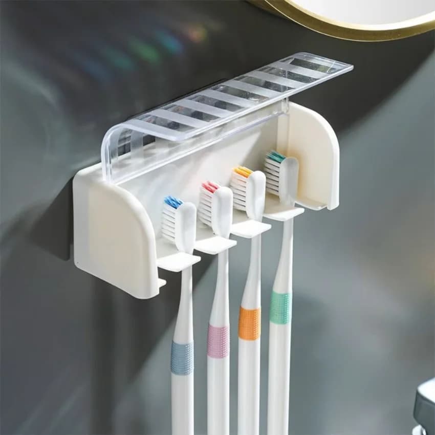 Plastic 5 Slots Toothbrush Holder Wall Mounted Self-adhesive Toothbrush Storage Rack Dust-proof Large Capacity Toothbrush Rack