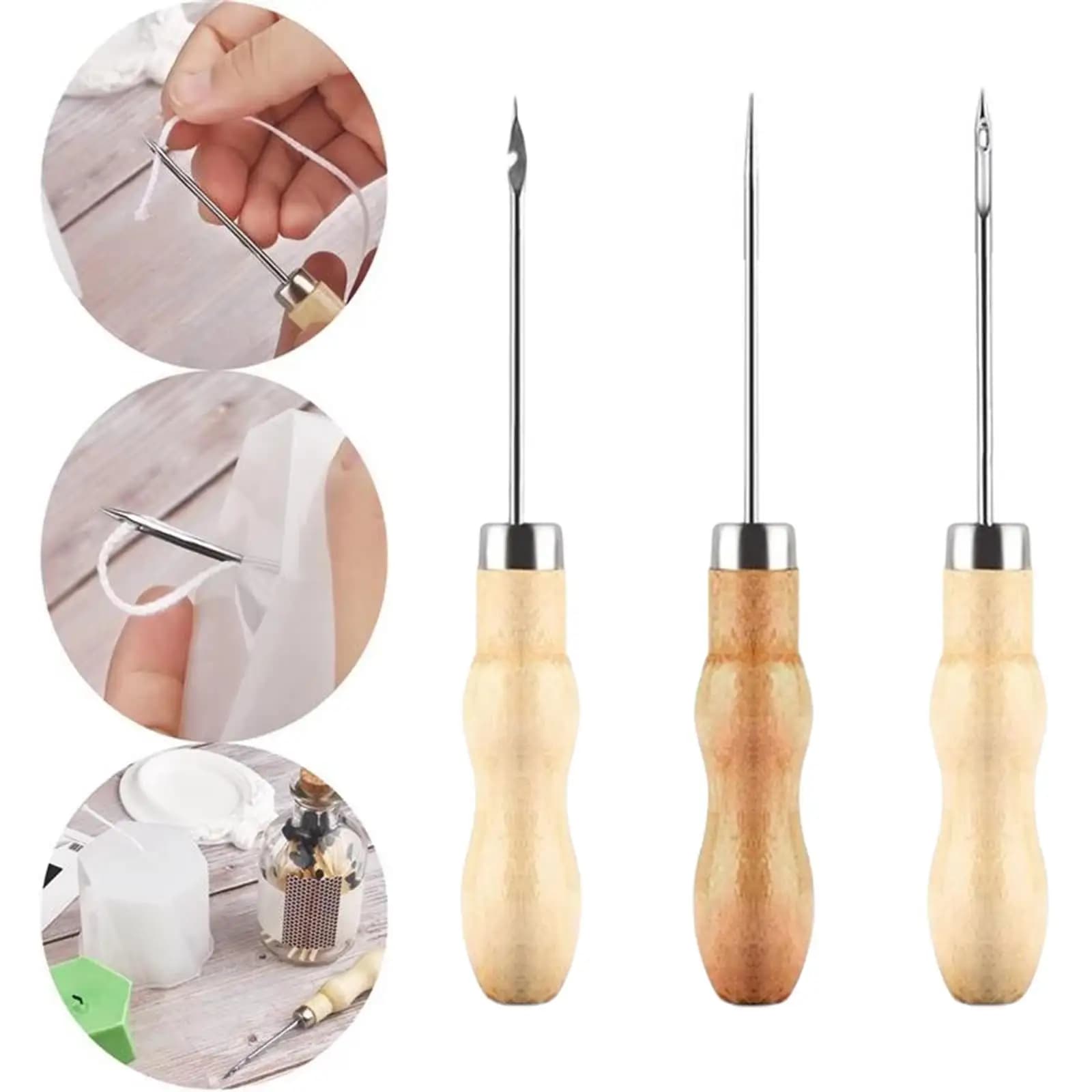 3x punteruolo da cucito manico in legno punzonatura foro strumenti per cucire Kit di strumenti ago per riparazione di scarpe fai da te fatto a mano candela che fa tela