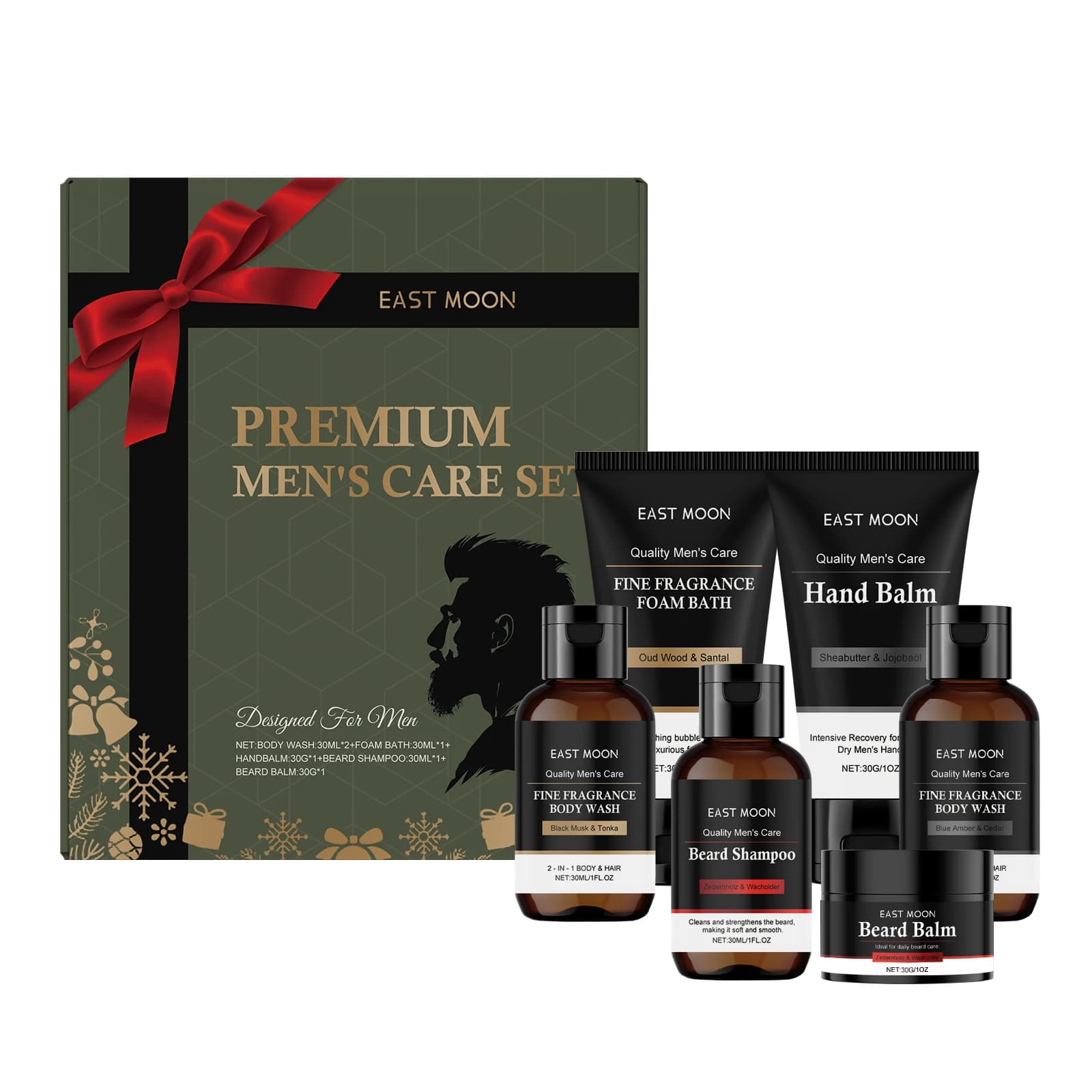 Set per la cura personale da uomo Set shampoo e balsamo per barba Set balsamo per le mani per il lavaggio del corpo Set regalo di Natale per uomo Set di scatole per la cura della pelle nutriente