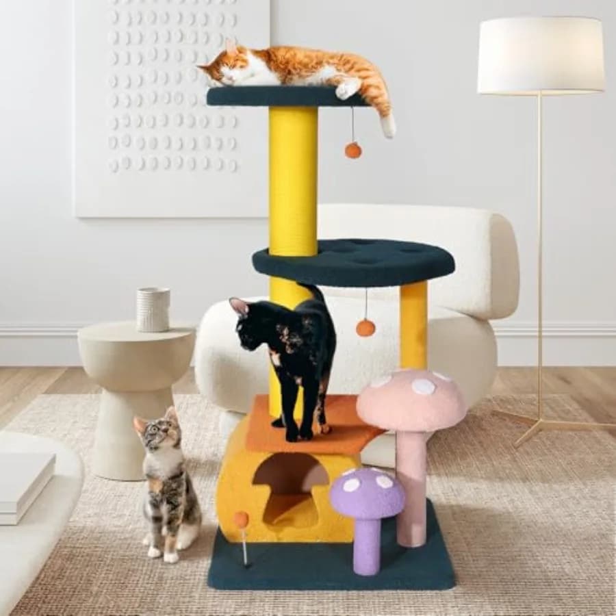 Albero per Gatti a Forma di Fungo, Torre Multi-Livello per Gatti da Interno 26.8 22.8 53.4, Tiragraffi in Legno con Cuccia e Palla Interattiva