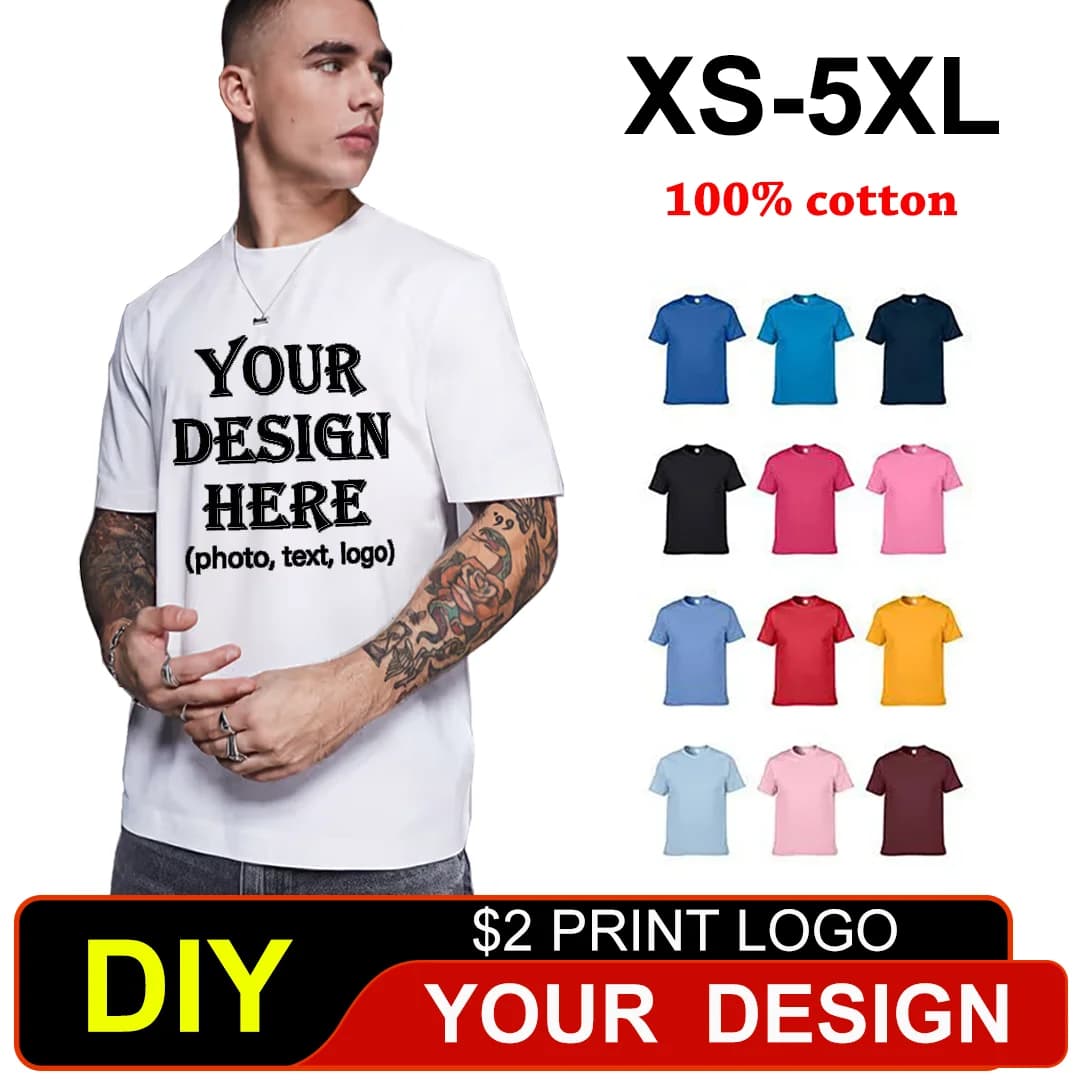 100% Cotton Short Sleeve Solid Color O-Neck Leisure Soft T-Shirt Tops Tee Customized Printing Picture Text Logo Doropshipping