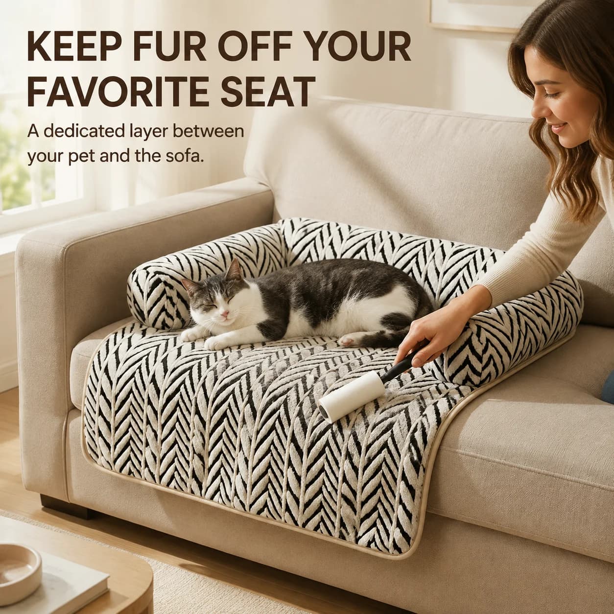Plush Pet Sofa Protector for Cats and Dogs, 3-Sided Bolster Couch Bed Mat, Machine Washable Furniture Cover, 70x55/95x80cm