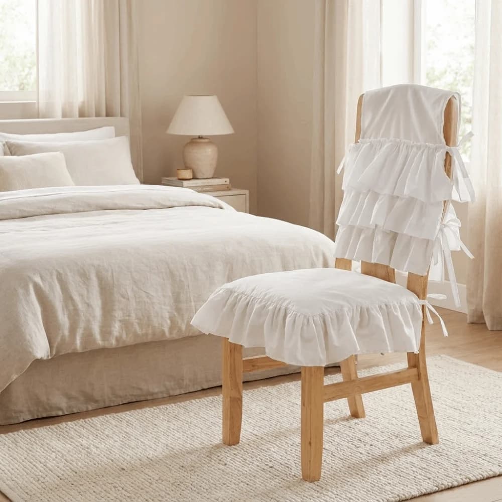 White French-Style Chair Cover Decorative Washable Dining Chair Back Decor Comfortable Strap Fixation Ruffle Cushion Wedding